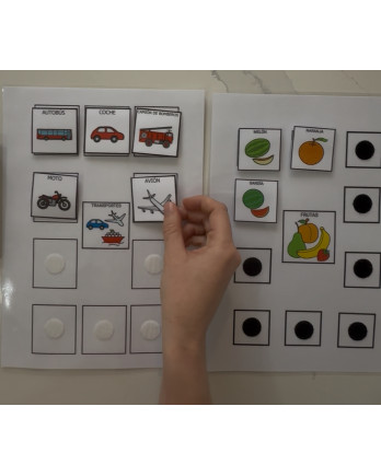 Actividad TEACCH gratuita con pictogramas de ARASAAC: clasificar transportes y frutas