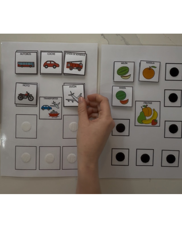 Actividad TEACCH gratuita con pictogramas de ARASAAC: clasificar transportes y frutas